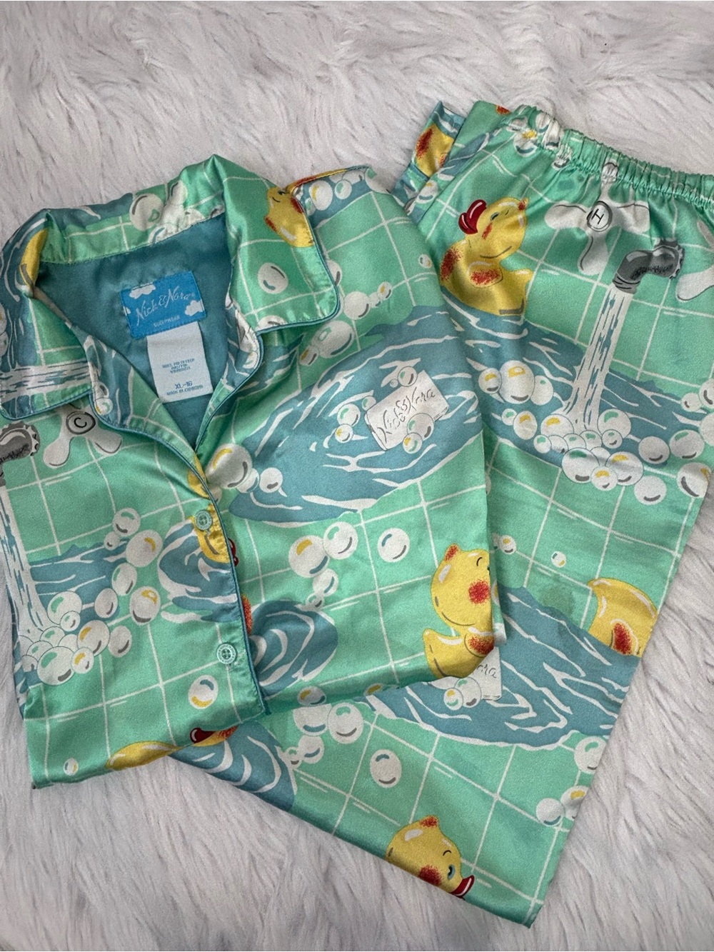 Nick & Nora Vintage Sleepwear Pajama Set Girls XL 16 Rubber Ducky Bath *SNAGS!*
